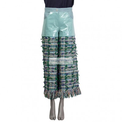 CHANEL green & blue 2018 FRINGED PATENT & TWEED WIDE LEG Pants 36 XS