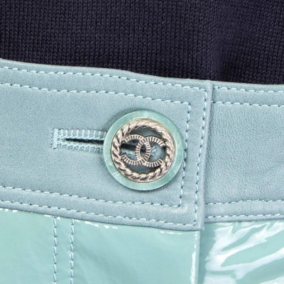 CHANEL green & blue 2018 FRINGED PATENT & TWEED WIDE LEG Pants 36 XS