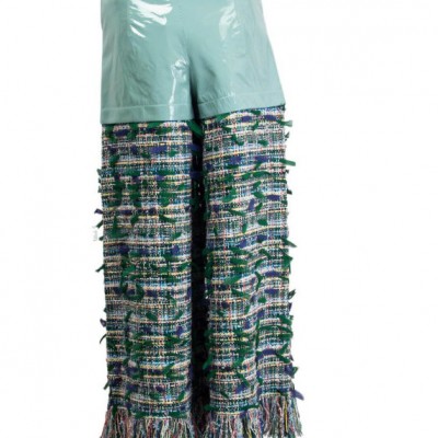 CHANEL green & blue 2018 FRINGED PATENT & TWEED WIDE LEG Pants 36 XS