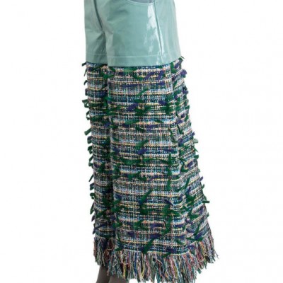 CHANEL green & blue 2018 FRINGED PATENT & TWEED WIDE LEG Pants 36 XS
