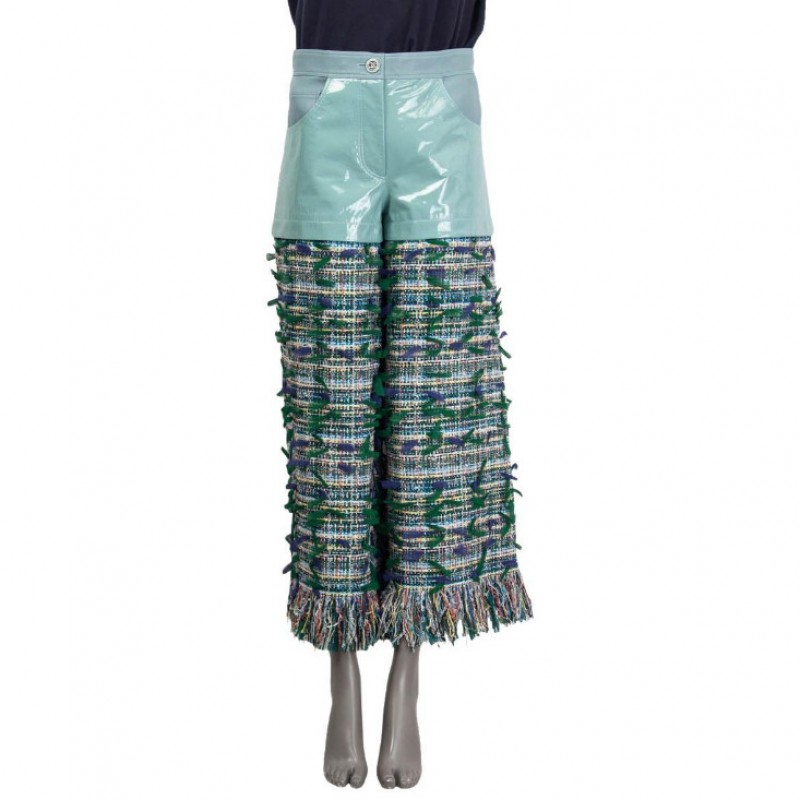 CHANEL green & blue 2018 FRINGED PATENT & TWEED WIDE LEG Pants 36 XS